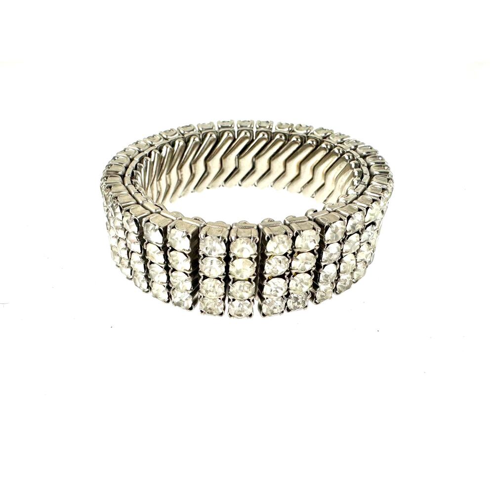 Vintage Silver Tone Expandable Rhinestone Bracelet, 1950's 1960's Jewelry